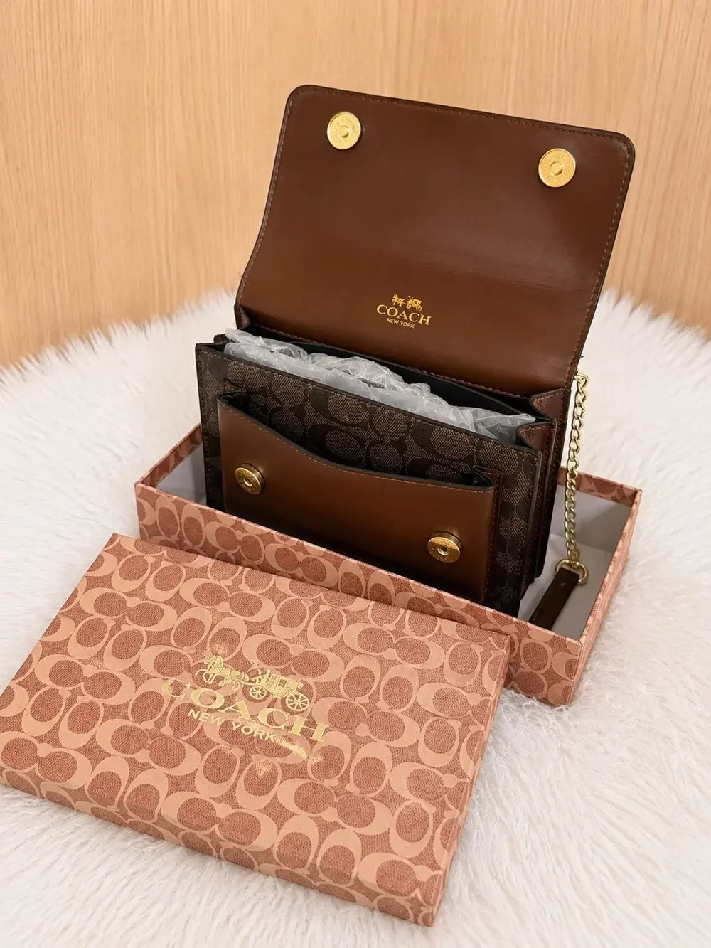 Coach Signature Brown Crossbody Bag with Chain Strap and Box